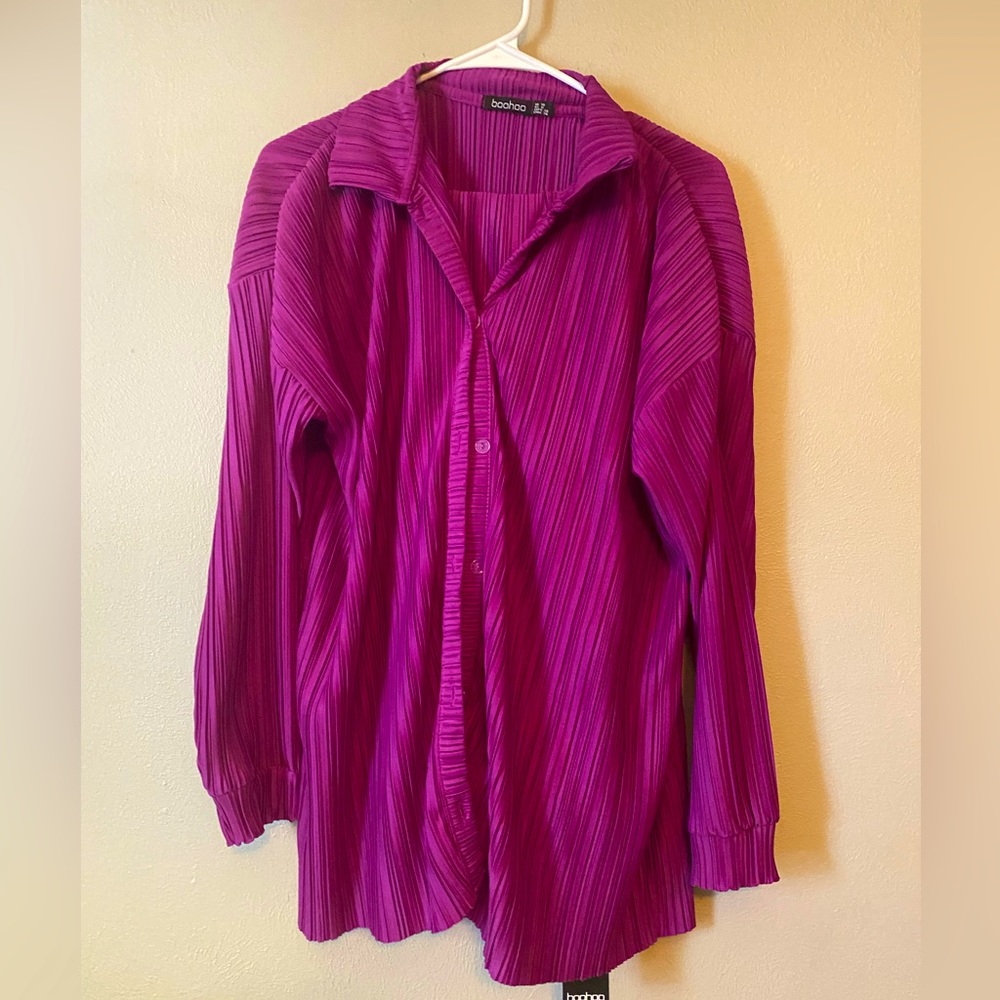 NWT BOOHOO Matching Purple Pleated Set ft. Button Up Shirt & Flowy Pants